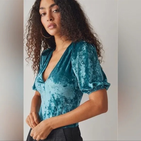 NWT Free People Dont You Wish Velvet Bodysuit in deep teal - Picture 2 of 5